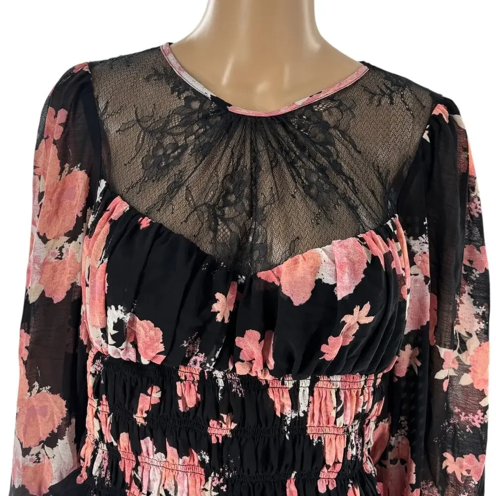 Free People Black Floral Midnight Combo Pink Daphne Blouse